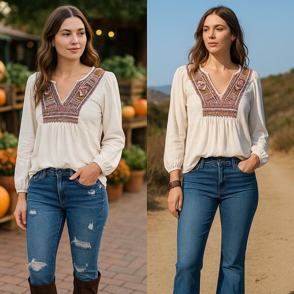 Lucky Brand Women’s Embroidered Top Ivory L Boho Chic Vintage Roadtrip Folk - Picture 1 of 16